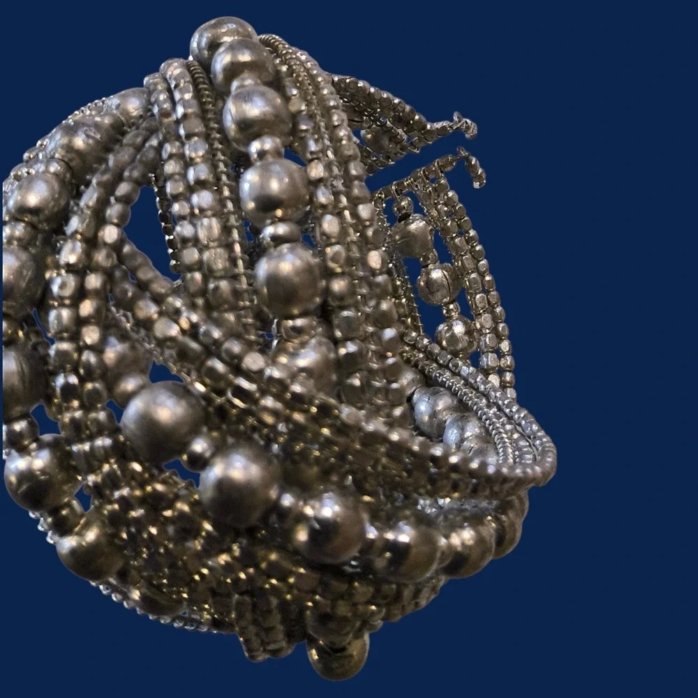 Silver Tone Boho Multi Strand Beaded Cuff Bracelet Wide Statement - Picture 4 of 8